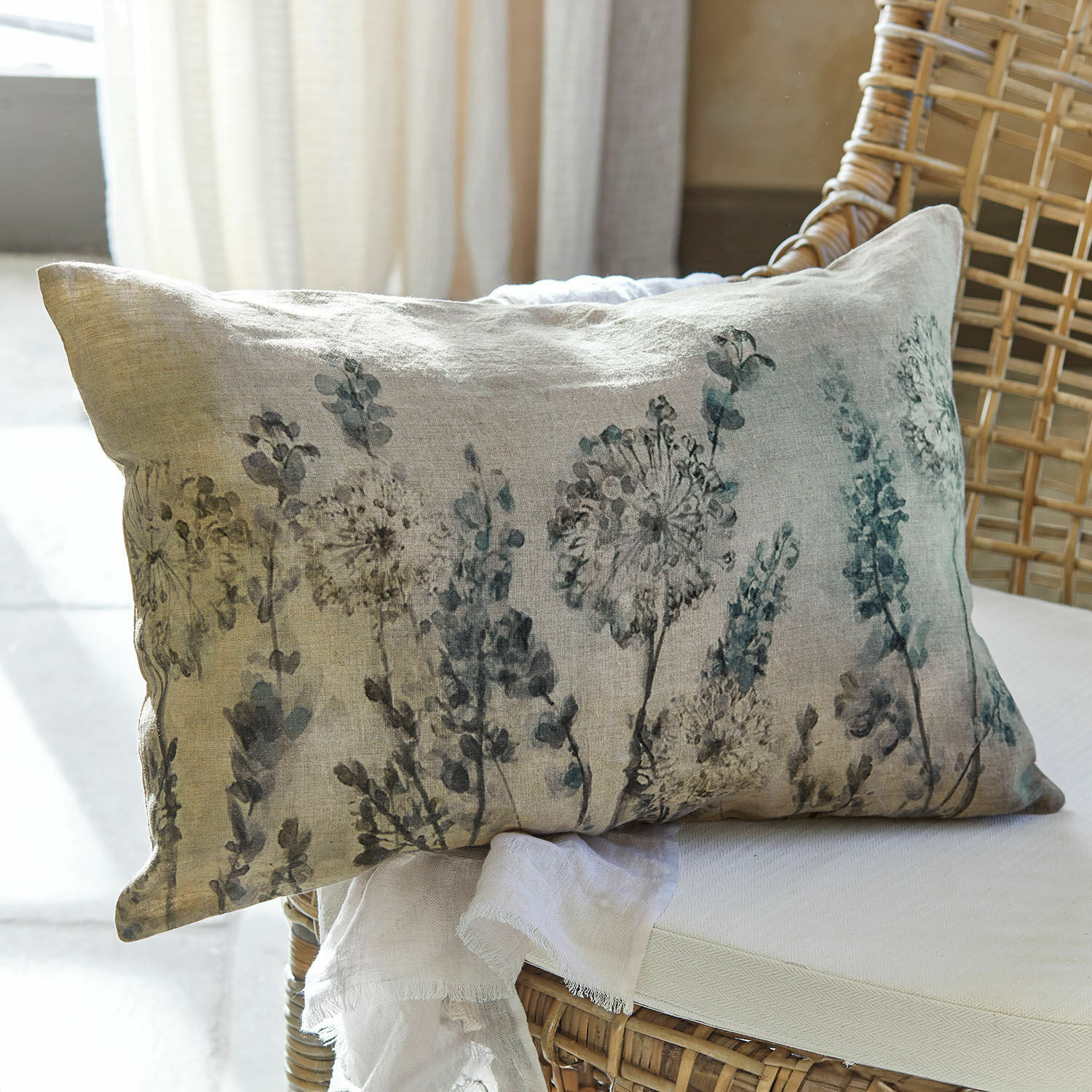 Copricuscino Lusse Cuscino decorativo in lino beige con stampa floreale per soggiorno e camera da letto