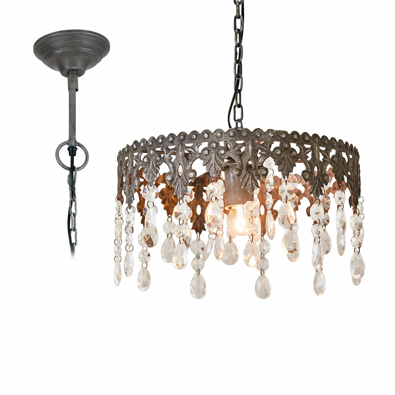 Lampada a sospensione Escoire Lampadario in metallo con patina e pendenti di cristallo decorativi in stile vintage