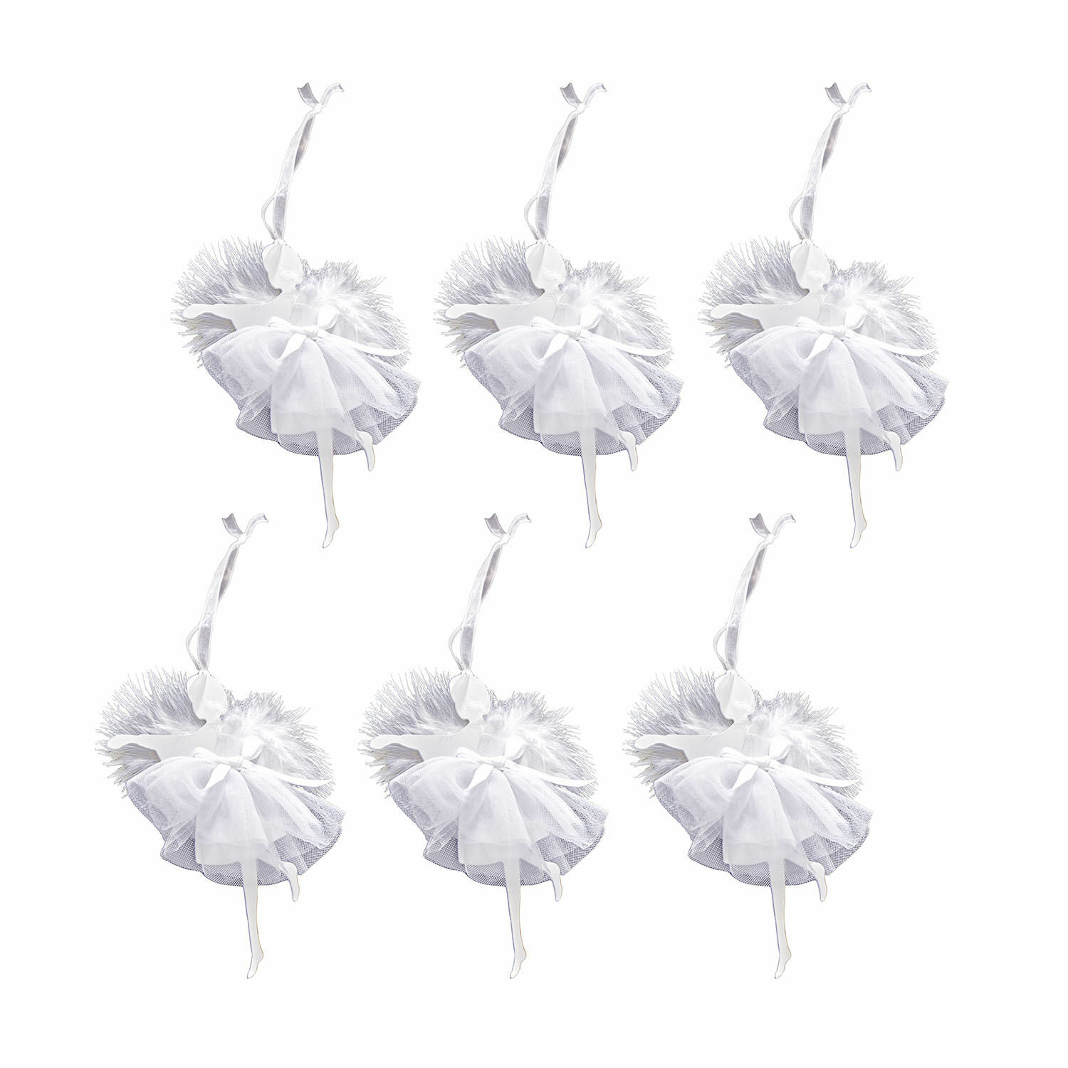 Set di 6 decorazioni da appendere Ursule Set di sei decorazioni angelo bianche con vestito in tulle e nastro per appendere