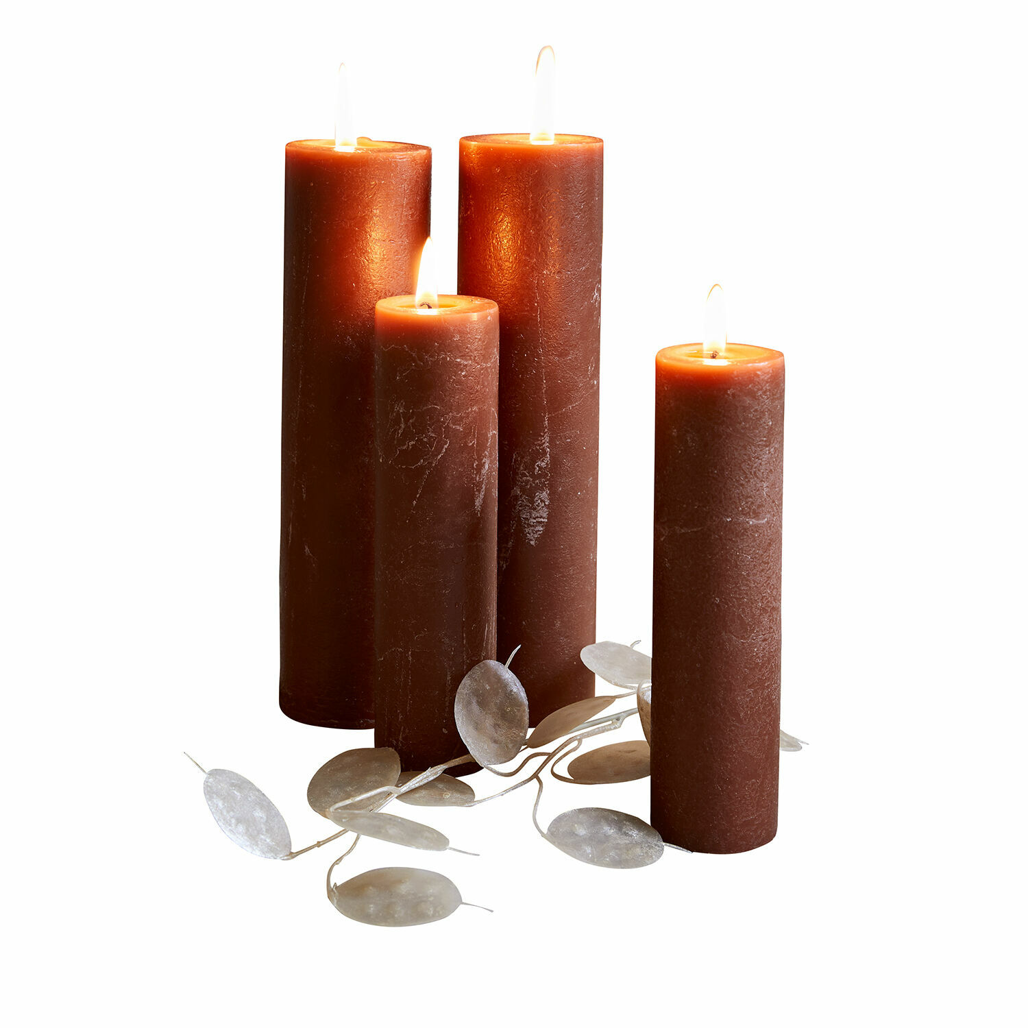 Set di 4 candele Avinal Set di quattro candele marroni in cera naturale con foglie decorative, ideale per decorazioni d'interni