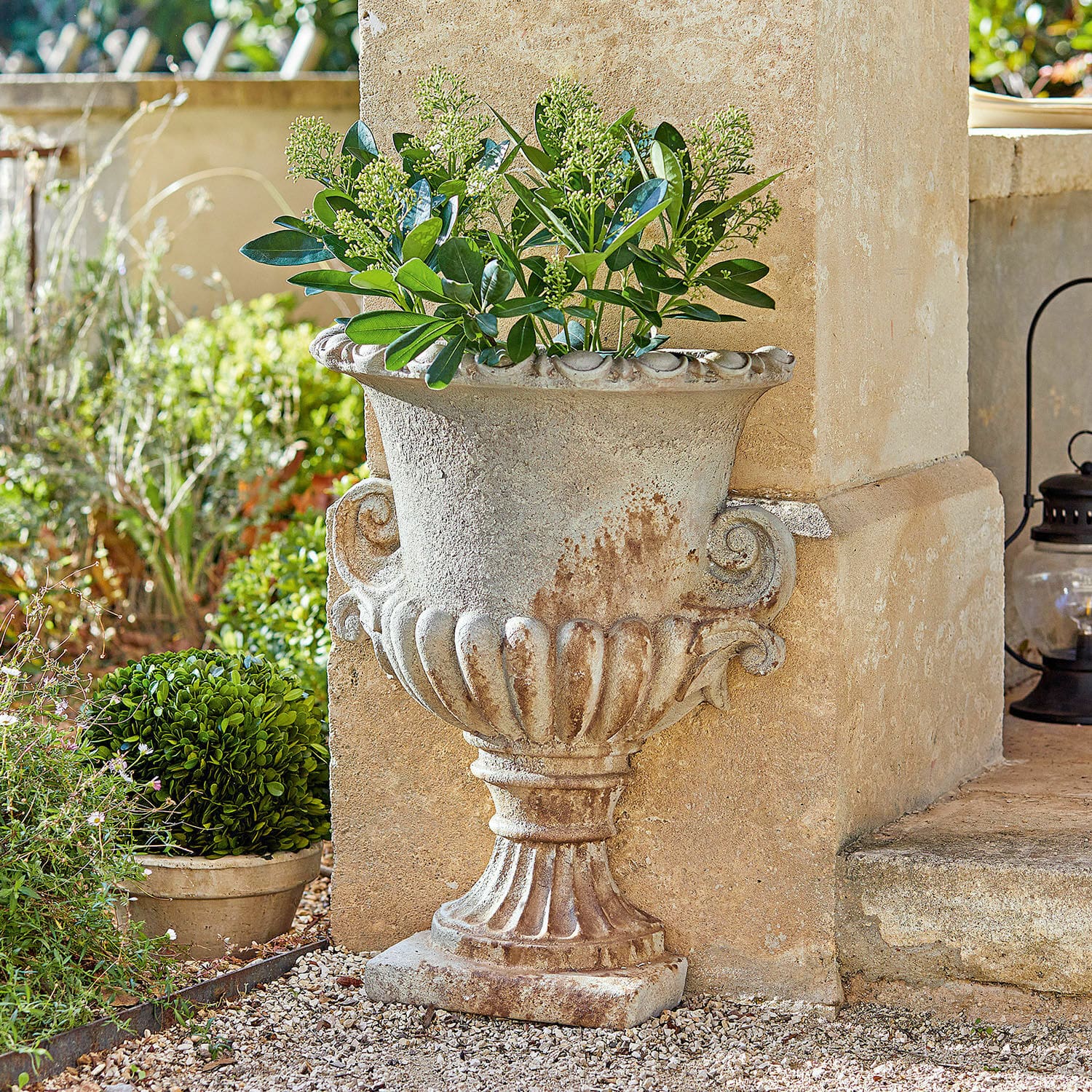 Anfora Cevio Vaso decorativo in pietra beige con piante verdi per giardino esterno