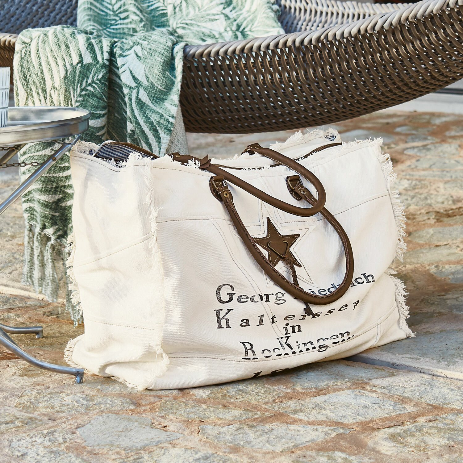 Borsa Friedrich Grande borsa in tela bianca con manici marroni e stella stampata, borsa pratica per spesa e spiaggia