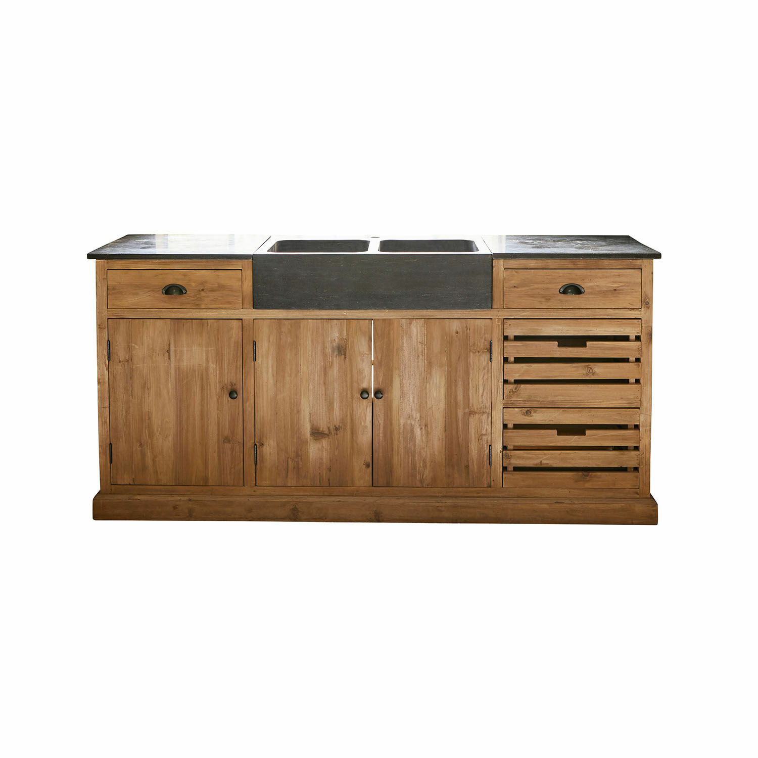 Mobile cucina in legno con piano in pietra nera e doppio lavello, cassetti e ante pratiche