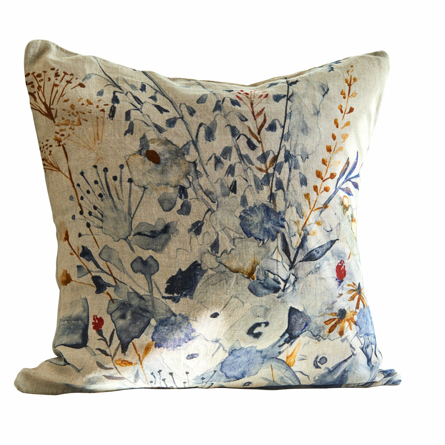 Copricuscino Carroll Federa in lino con motivo floreale in tonalità di blu e marrone, accessorio decorativo