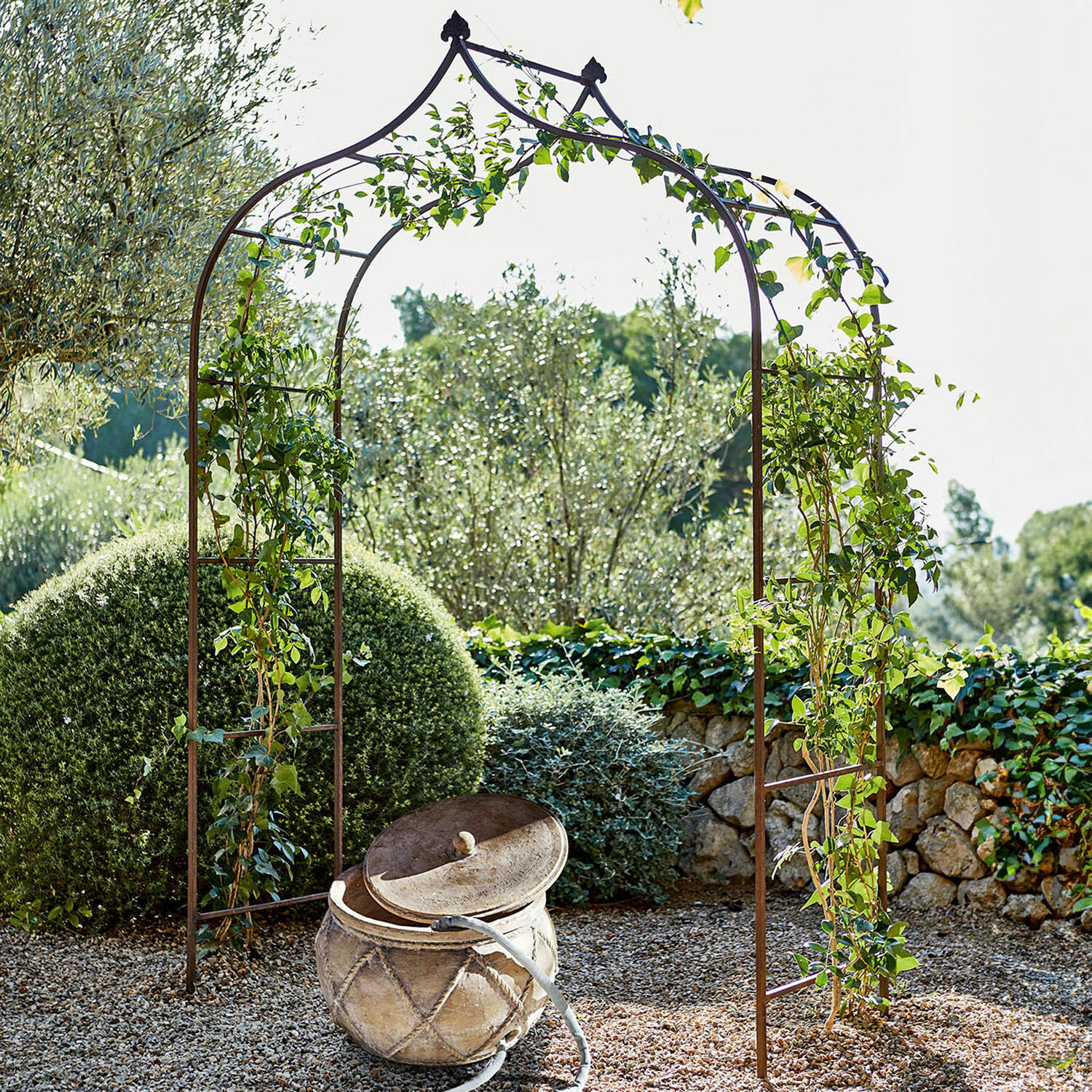 Arco da giardino Dimarus Arco da giardino in metallo con piante rampicanti davanti a cespugli verdi e muro di pietra