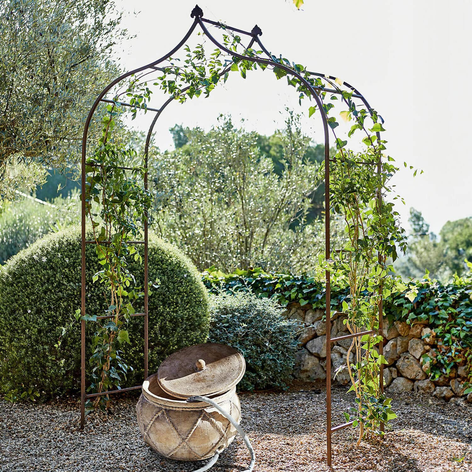 Arco da giardino Dimarus Arco da giardino in metallo con piante rampicanti davanti a cespugli verdi e muro di pietra