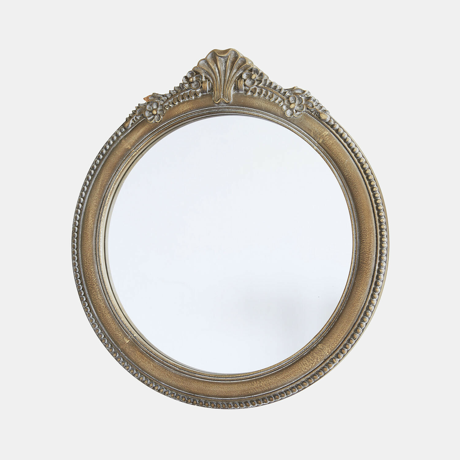 Specchio rotondo con cornice decorata color oro antico e dettagli floreali, vetro specchio chiaro