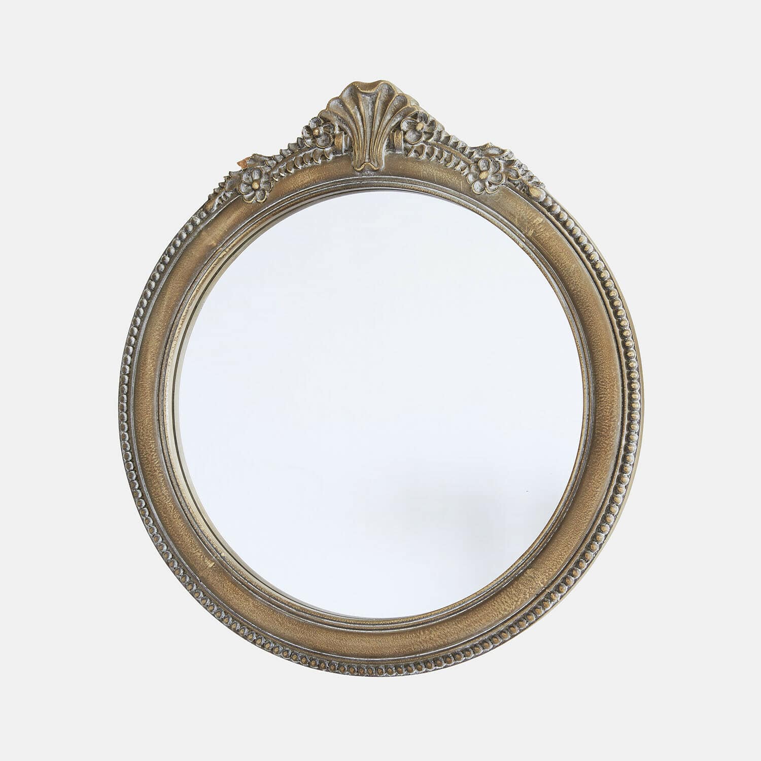 Specchio Avelisse Specchio rotondo con cornice decorata color oro antico e dettagli floreali, vetro specchio chiaro