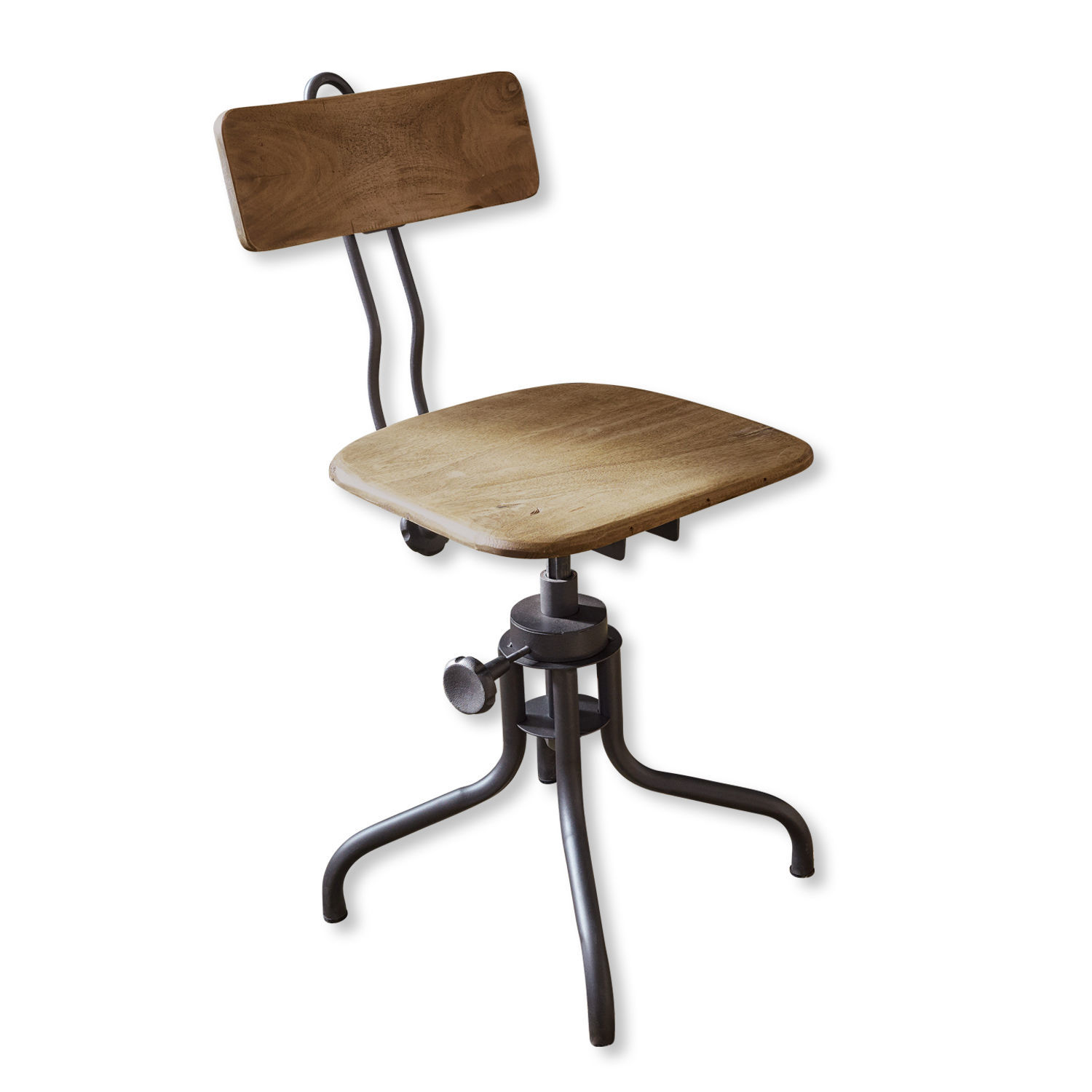 Sedia Richie Sedia girevole in legno e metallo stile industriale, seduta in legno naturale e struttura nera