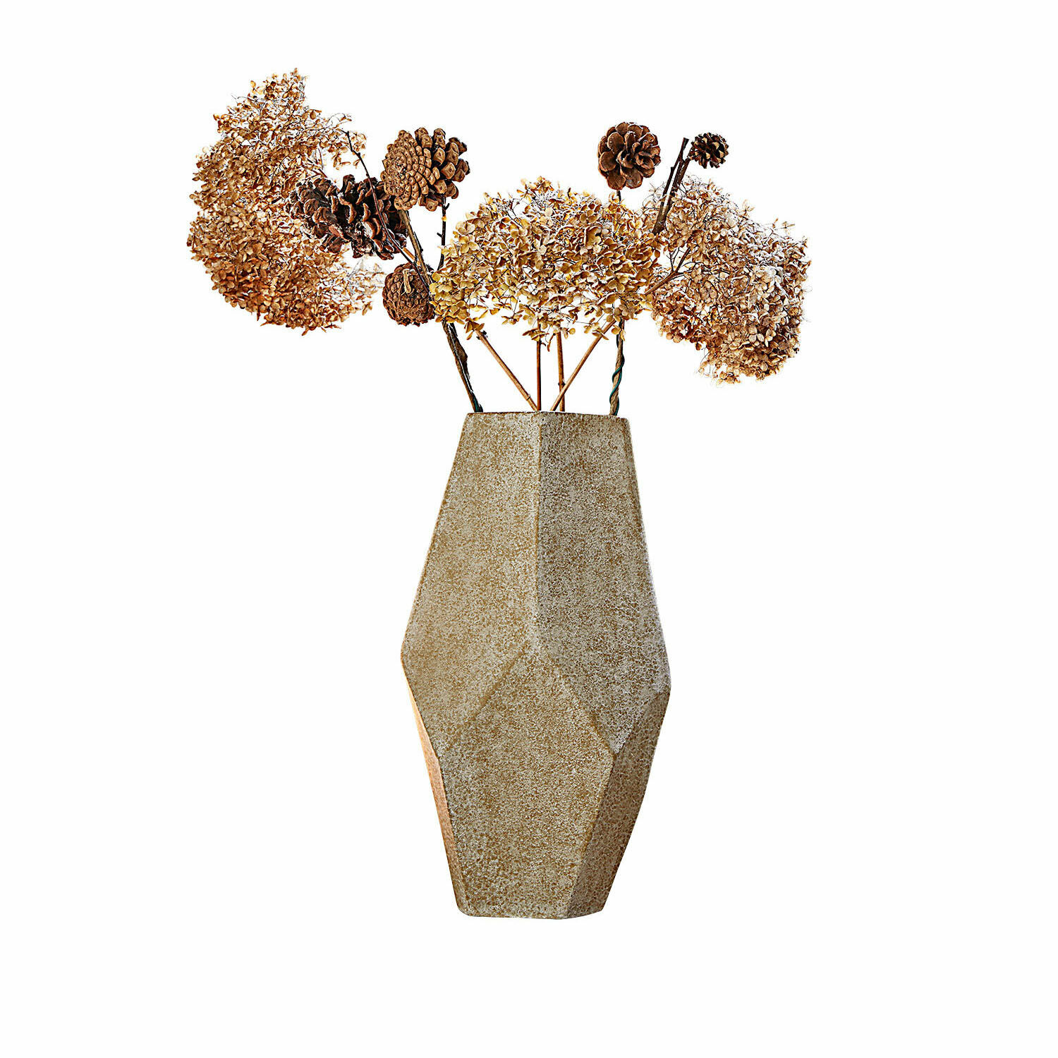 Vaso decorativo Kasari Vaso geometrico in pietra beige con fiori secchi e pigne per decorazione d'interni