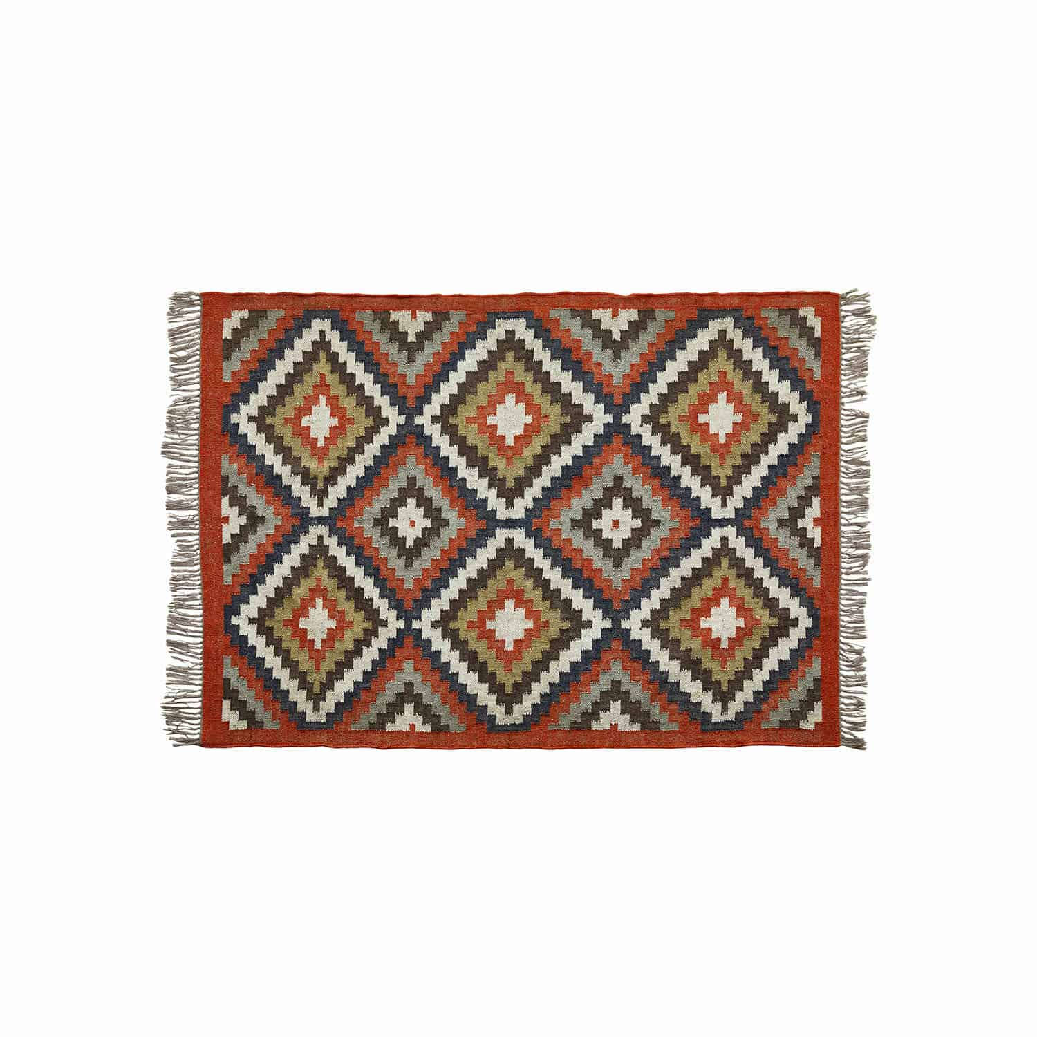 Tappeto Dailies Tappeto tessuto con motivo geometrico rosso, verde e grigio con frange, materiale tessile.