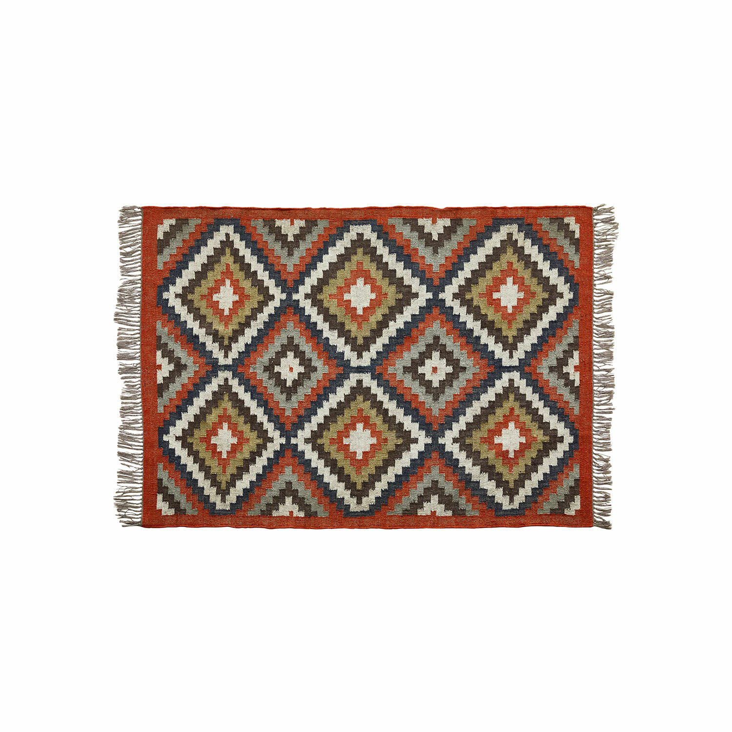 Tappeto Dailies Tappeto tessuto con motivo geometrico rosso, verde e grigio con frange, materiale tessile.