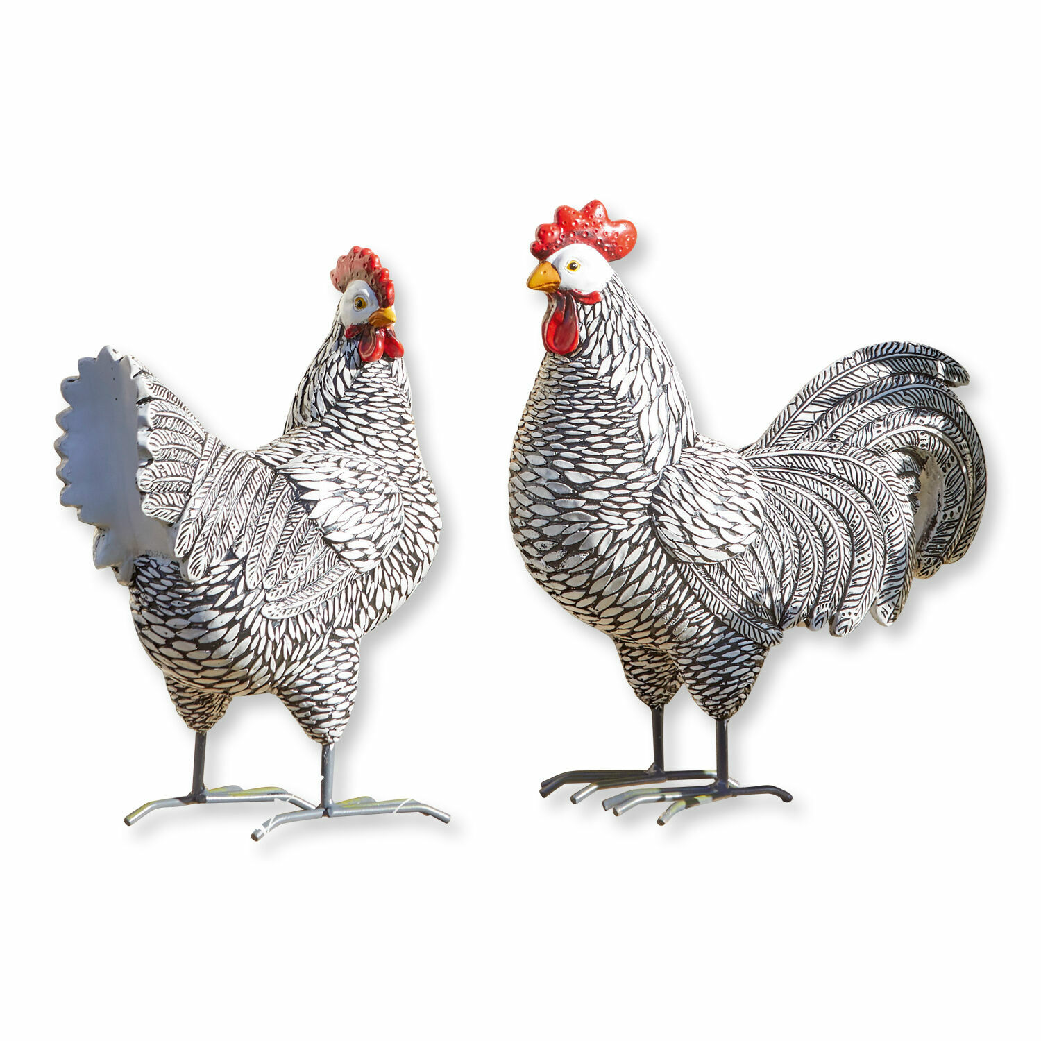 Coppia di galline decorative Mannis Figure decorative di gallo e gallina in metallo bianco e nero con creste rosse, decorazione rustica