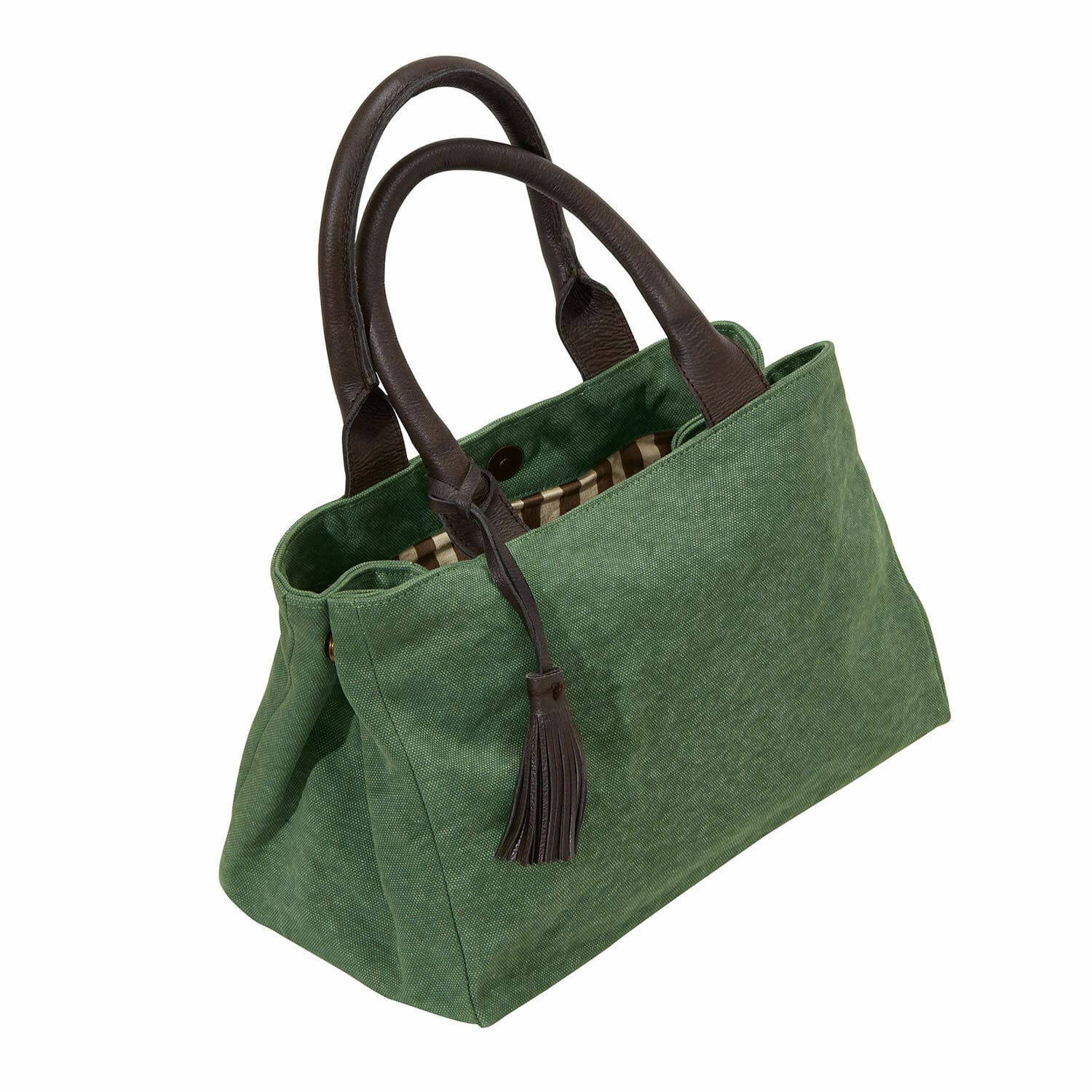 Borsa Hoya Borsa verde in tessuto con manici in pelle marrone e nappina, accessorio di moda quotidiano