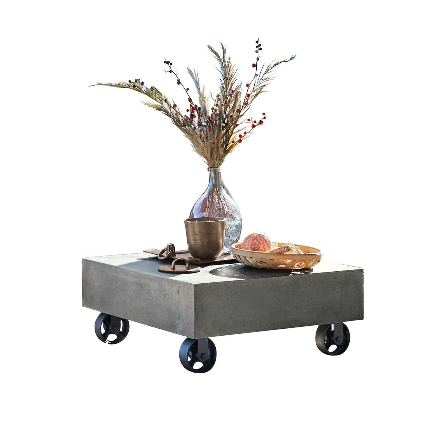 Tavolino da salotto Kensington Place Tavolino quadrato in cemento grigio su ruote con decorazioni sulla superficie