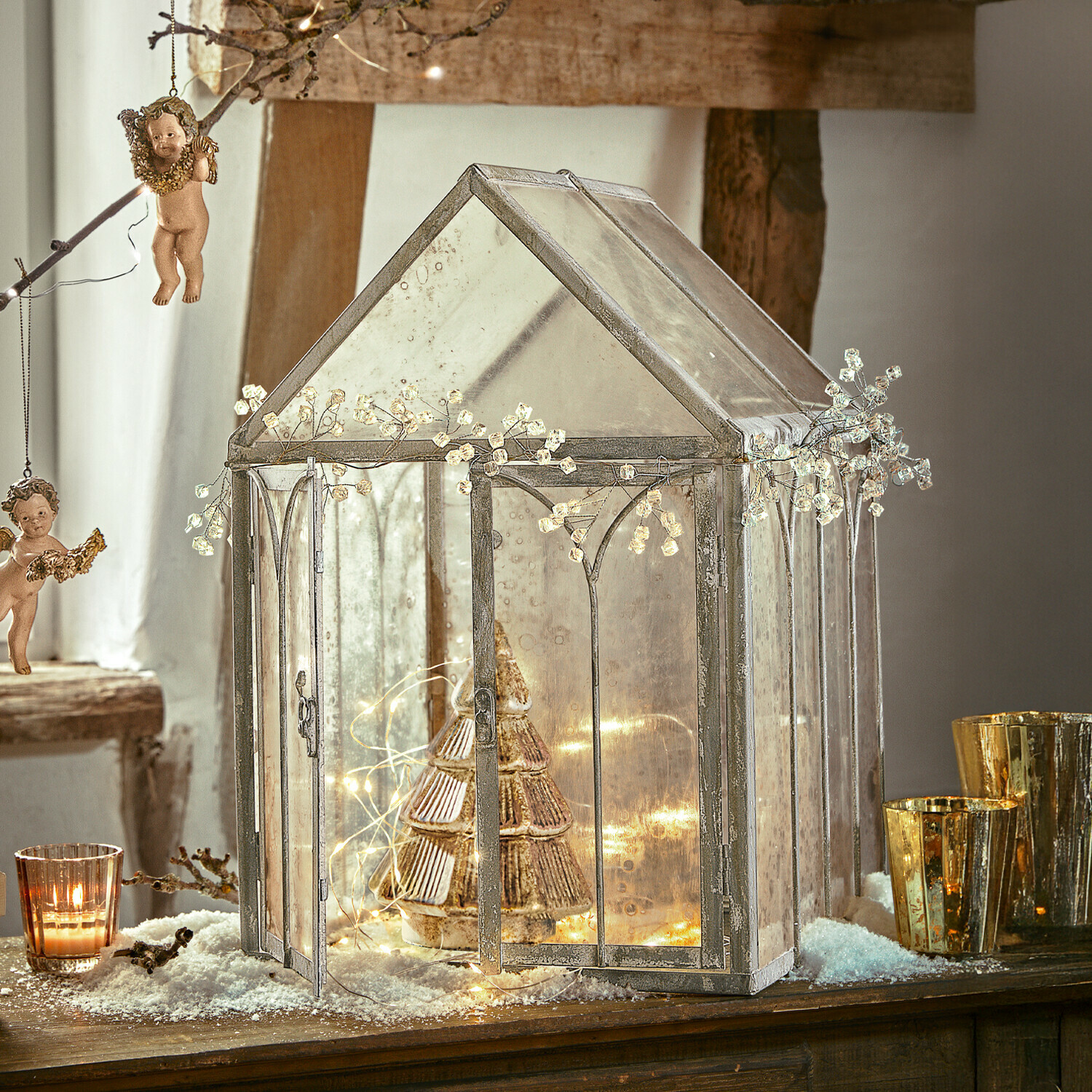 Decorazione in vetro a forma di casetta con cornice metallica e luci, ornamento natalizio da tavolo