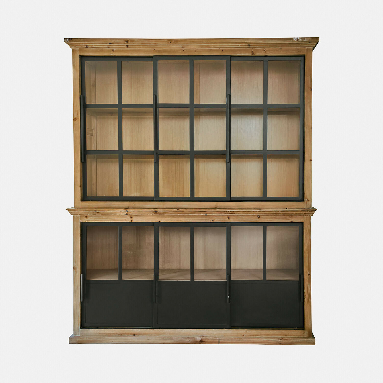 Vetrina in legno con ante in vetro e cornice nera, stile industriale, mobile pratico per soggiorno