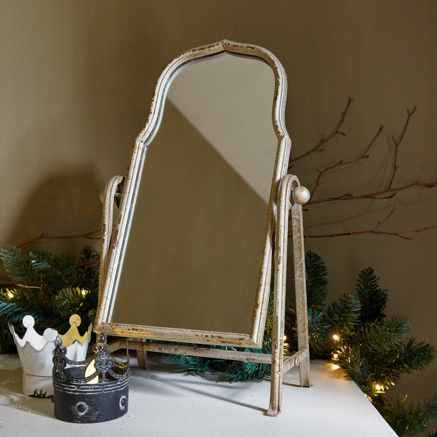 Specchio Estienne Specchio da tavolo con cornice in metallo beige invecchiato, decorativo e elegante