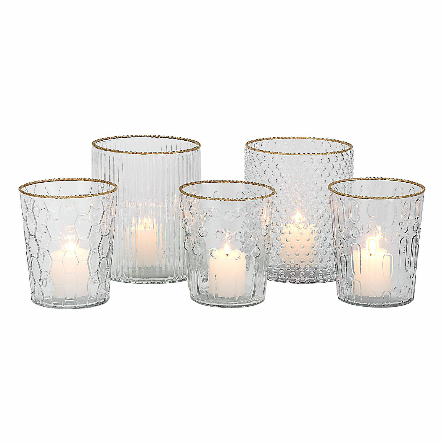 Set di 5 portalumini Rosienne Set di 5 portacandele in vetro con bordo dorato e diverse texture per decorazioni d'interni eleganti