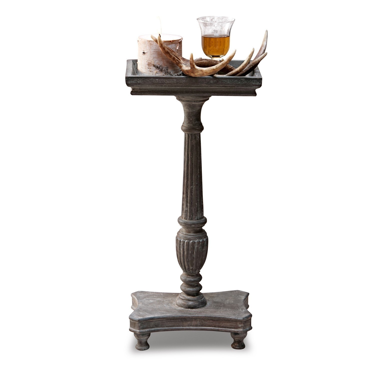 grigio antico Tavolino Caren grigio marrone in legno con candela decorativa e corna, stile vintage