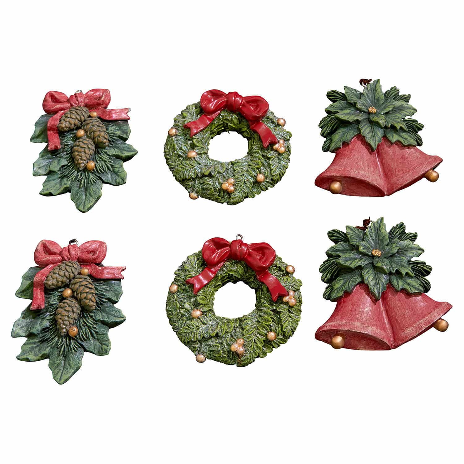 Set di 6 decorazioni da appendere Sarivena Set di decorazioni natalizie con foglie verdi, fiocchi rossi e pigne per decorare la casa
