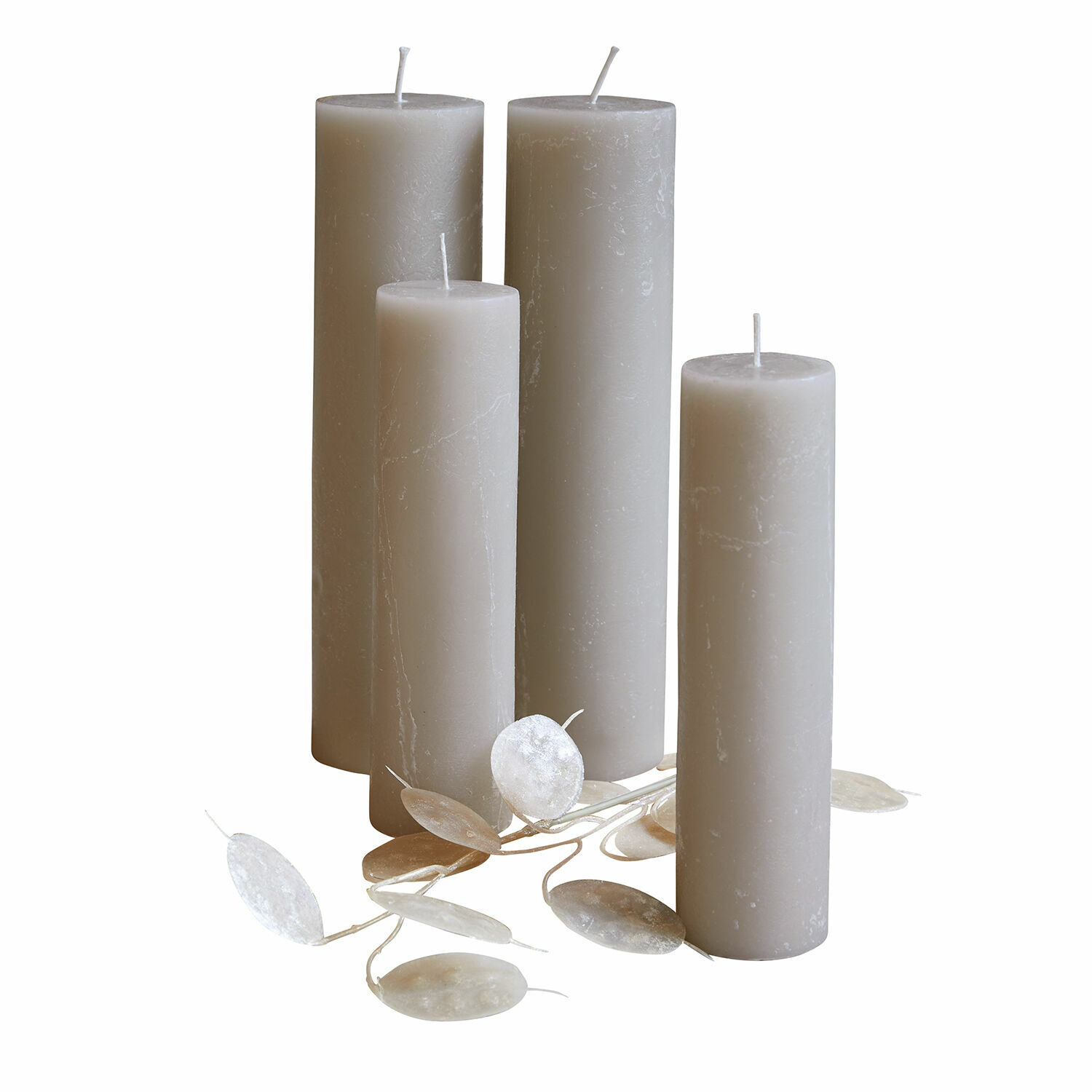 Set di 4 candele Avinal Set di quattro candele grigie in cera con foglie naturali per decorazione d'interni
