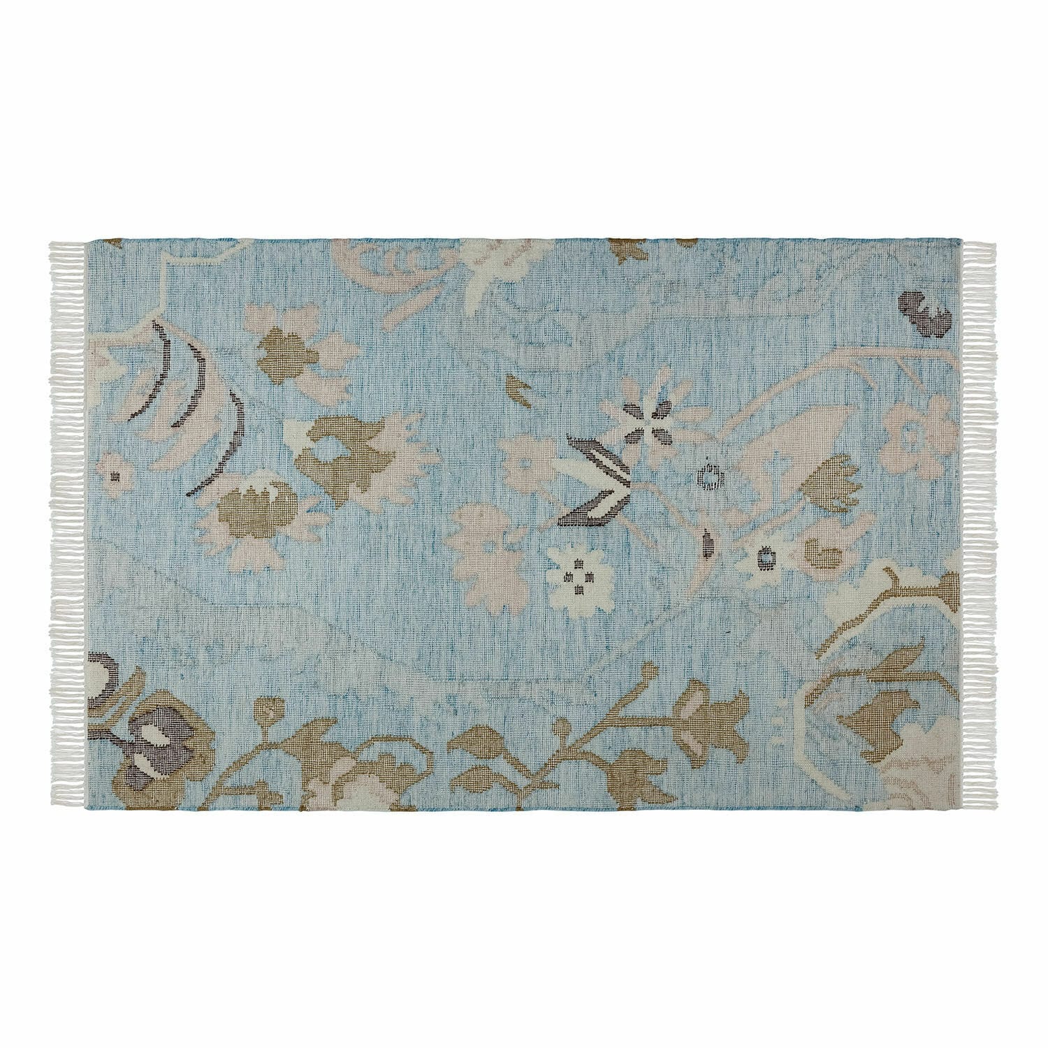 Tappeto Nére Tappeto in cotone azzurro chiaro con motivo floreale e frange ai lati per arredamento