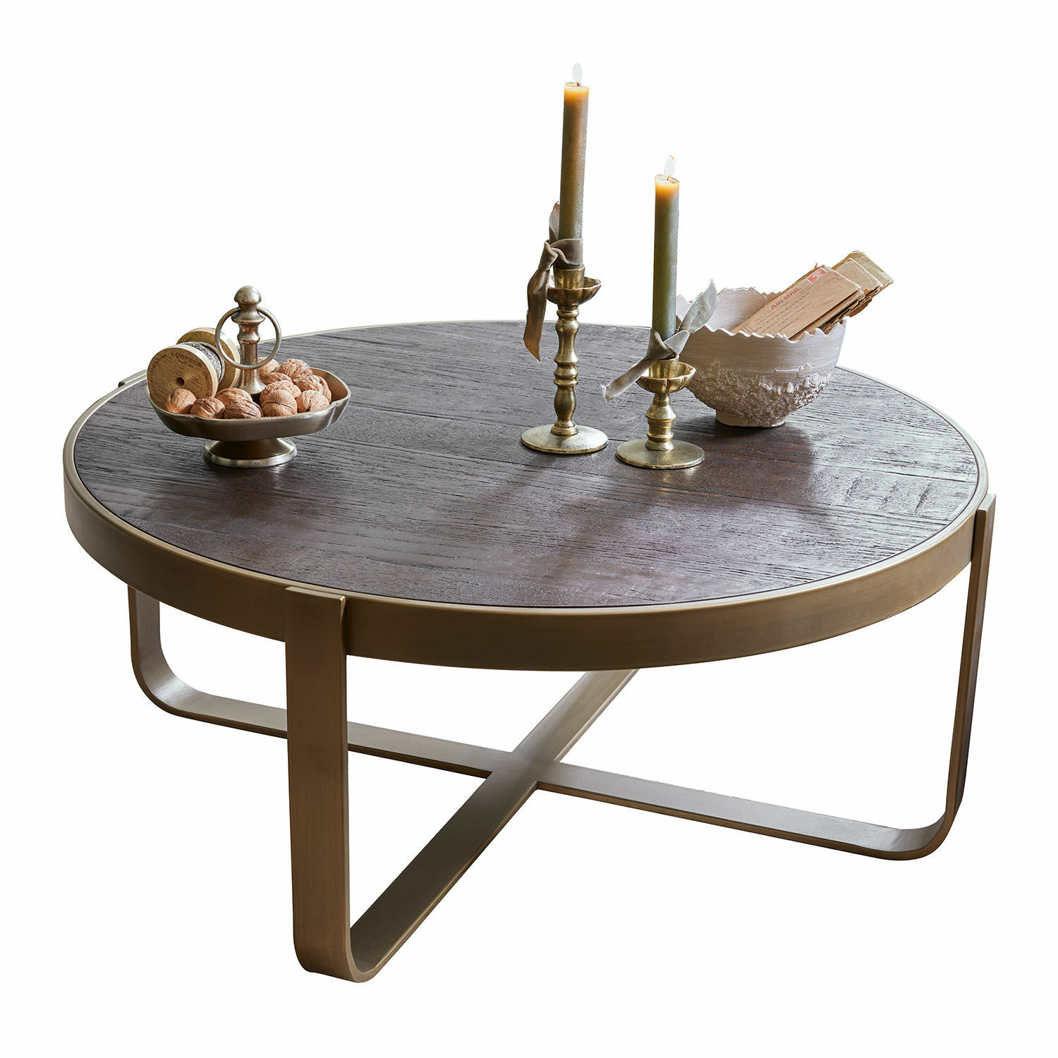 Tavolino da salotto Cranthorpe Tavolino rotondo in legno scuro con struttura metallica color ottone e decorazioni sul piano