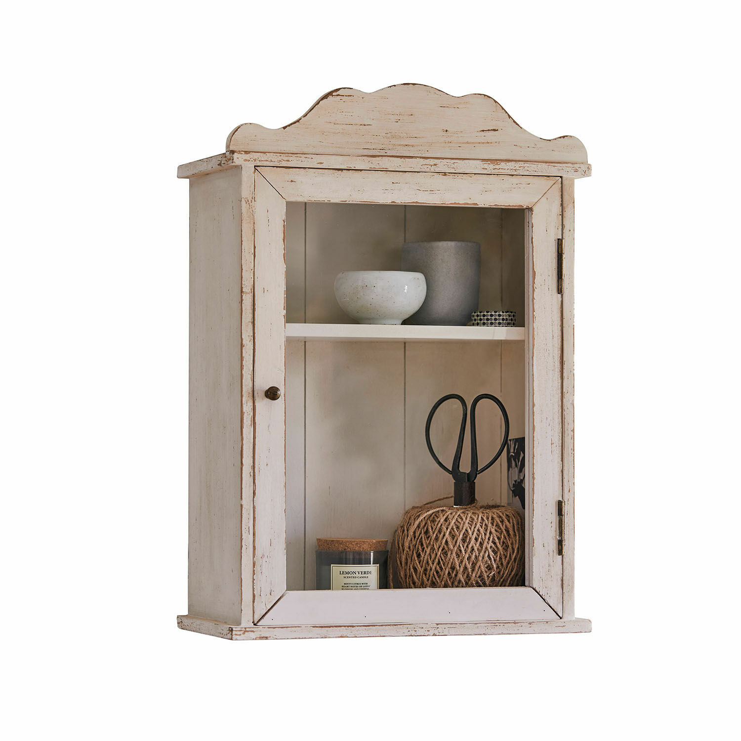 Vetrinetta pensile Sandrine Mobile da parete rustico in legno bianco con porta in vetro e ripiano interno