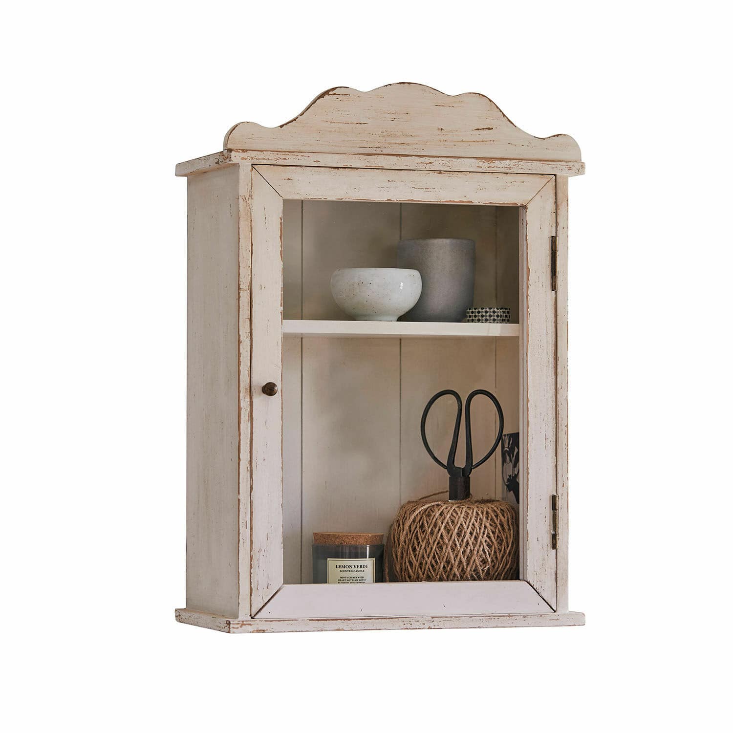 Vetrinetta pensile Sandrine Mobile da parete rustico in legno bianco con porta in vetro e ripiano interno