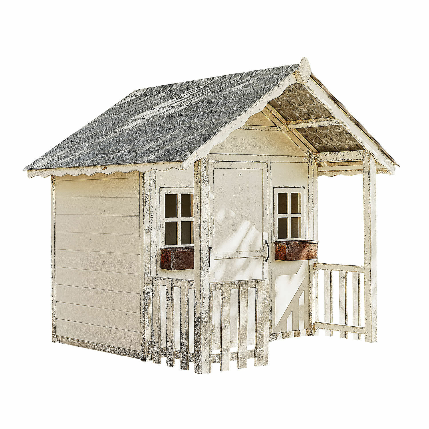 Casetta da giardino per bambini Pouponnet Casetta da giardino in legno color crema con tetto grigio e piccolo balcone con ringhiera
