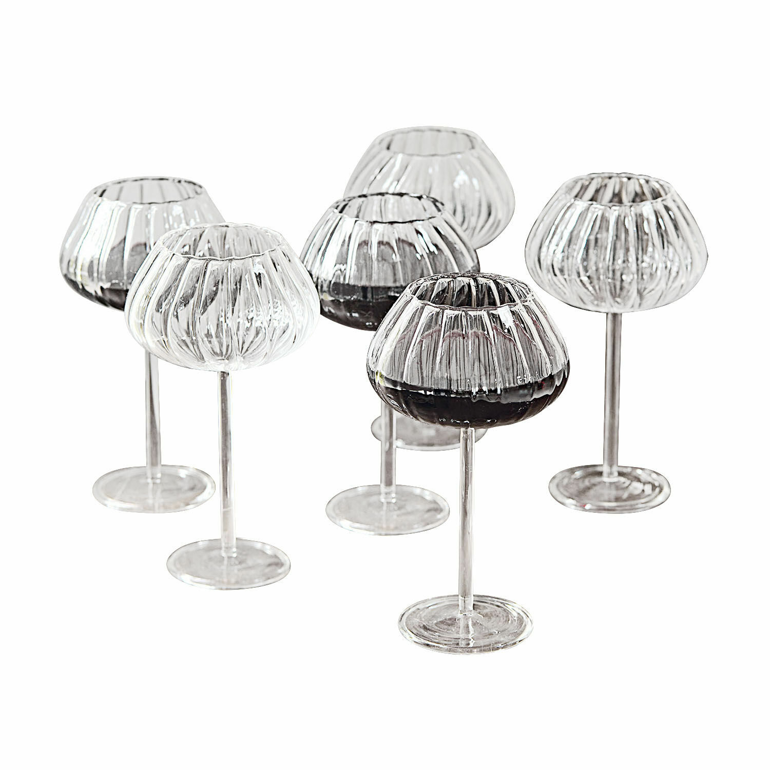 Set di 6 bicchieri da vino Minou Set di sei bicchieri da vino trasparenti in vetro scanalato, design elegante per la casa