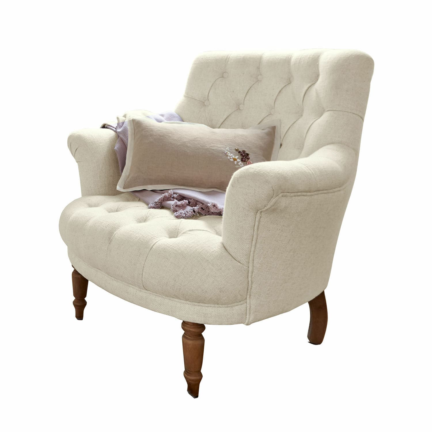 Poltrona Rive Dorée Poltrona beige imbottita con gambe in legno e cuscino decorativo, mobile confortevole per soggiorno
