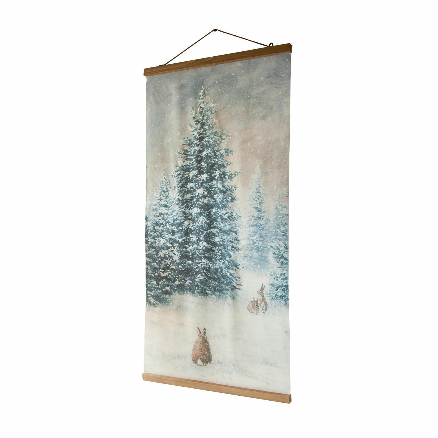 Stampa con luci a LED Orpique Quadro da parete con motivo invernale di alberi innevati e conigli su tessuto con cornice in legno