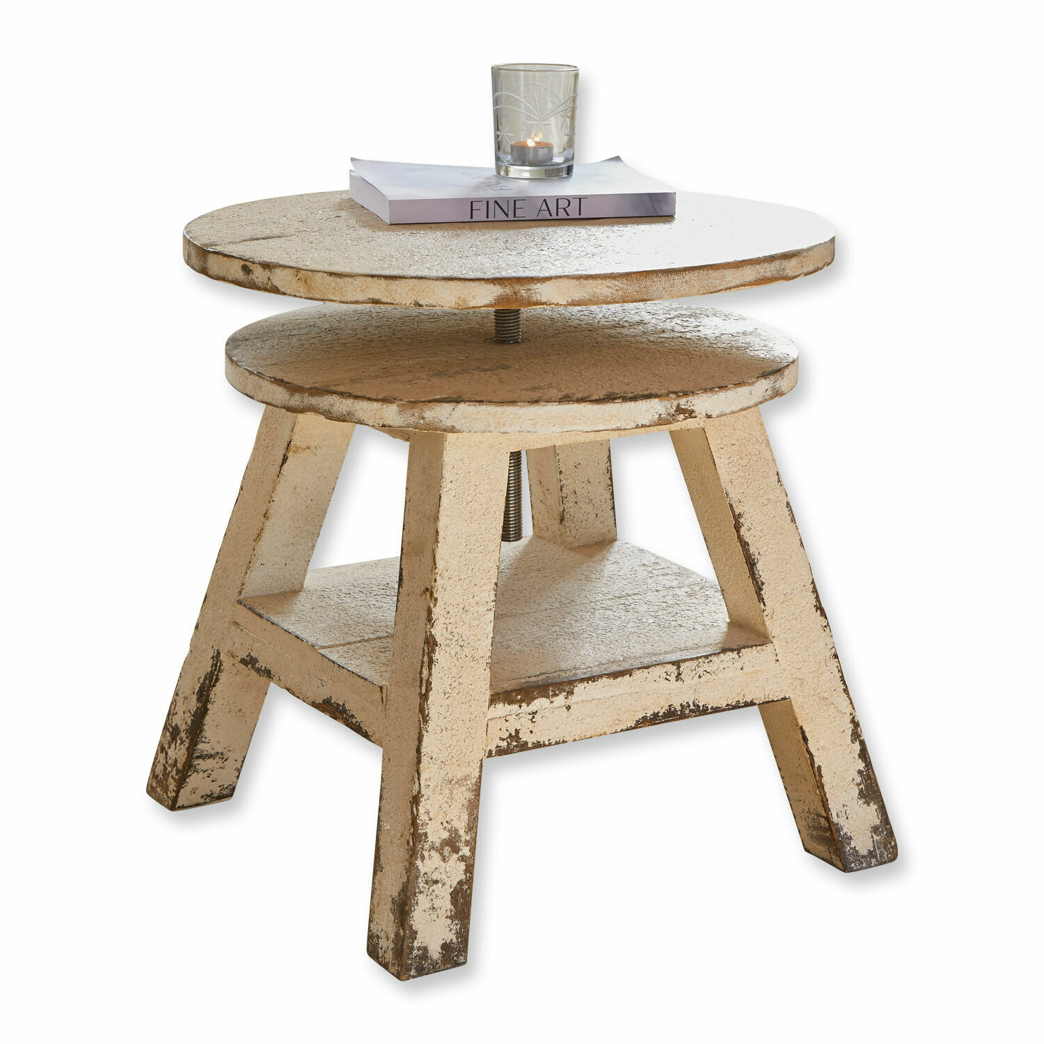 Tavolino di complemento Commeren Tavolino rotondo regolabile in metallo beige effetto invecchiato per soggiorno