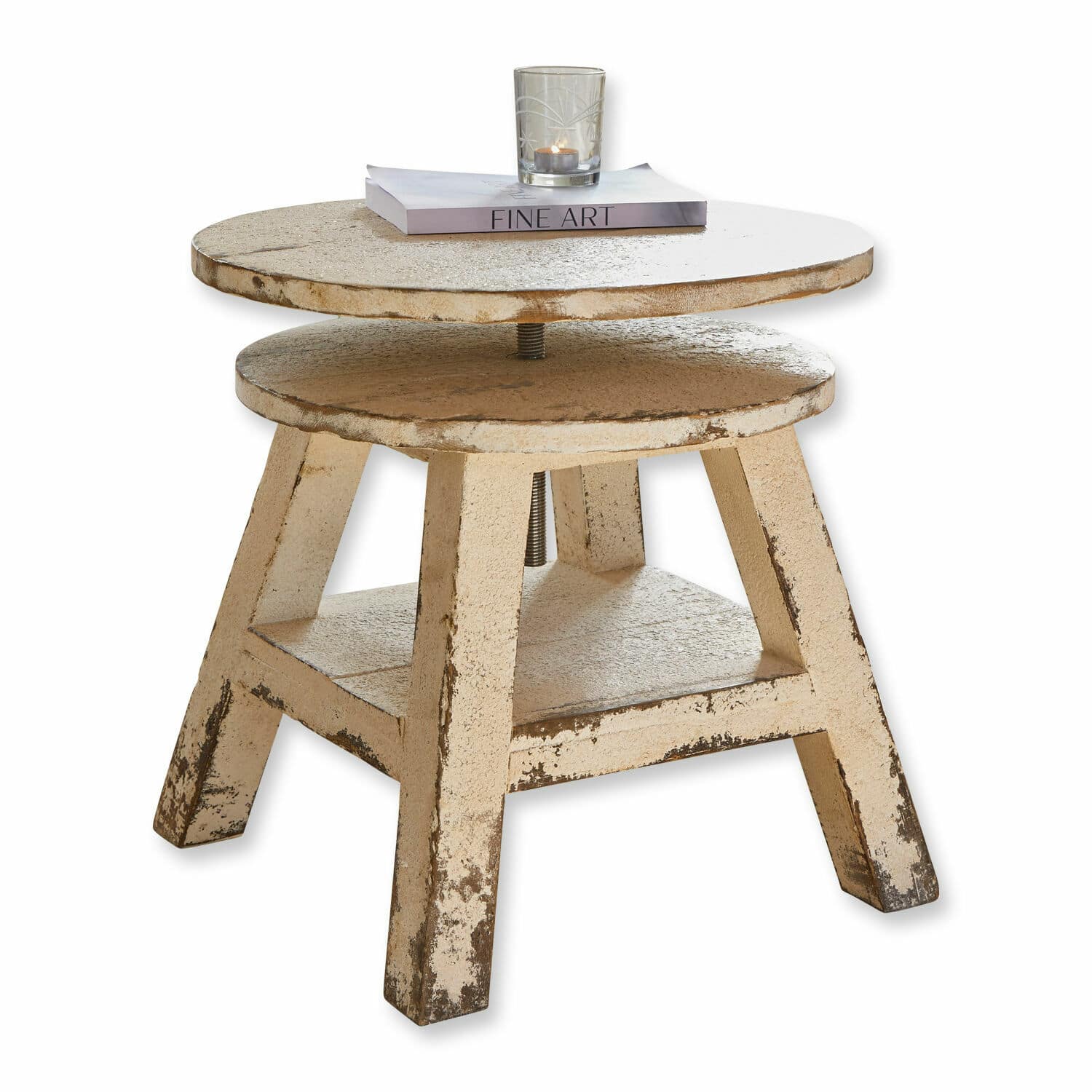 Tavolino di complemento Commeren Tavolino rotondo regolabile in metallo beige effetto invecchiato per soggiorno