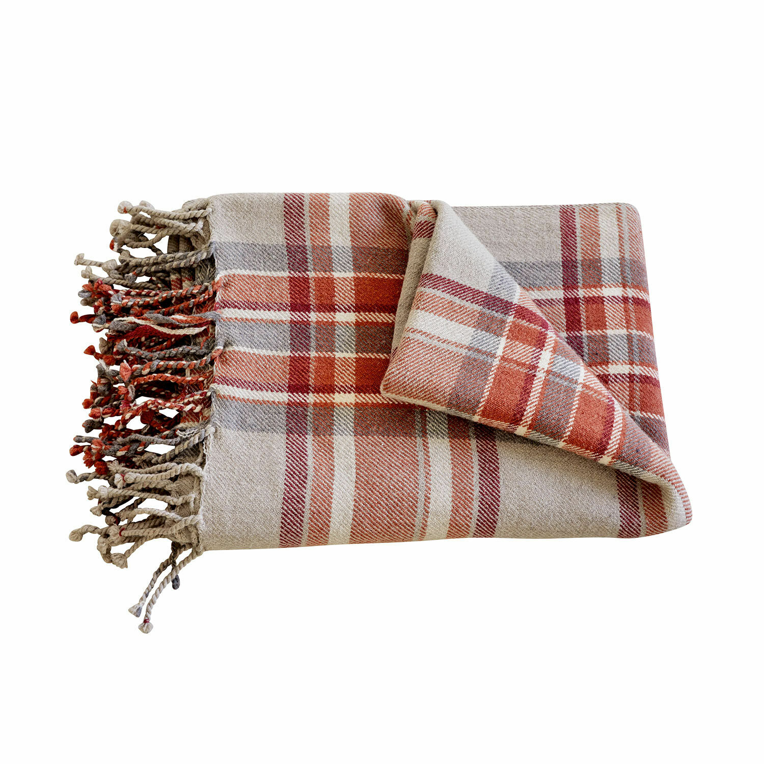 Plaid Tartan Morbida coperta a quadri con frange in beige e rosso, ideale per decorare la casa