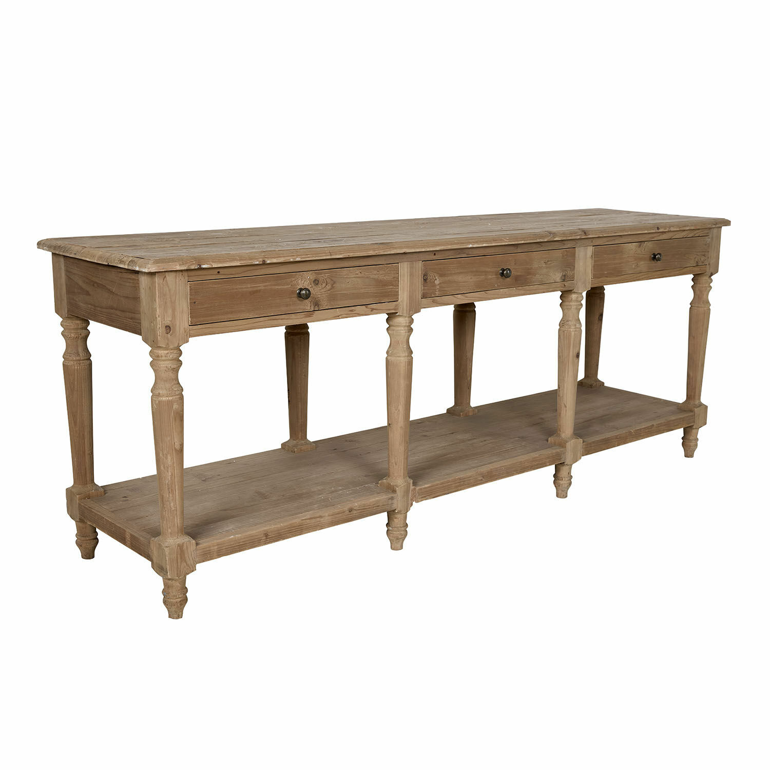 Consolle Misérieux Tavolo consolle in legno naturale con tre cassetti e ripiano inferiore