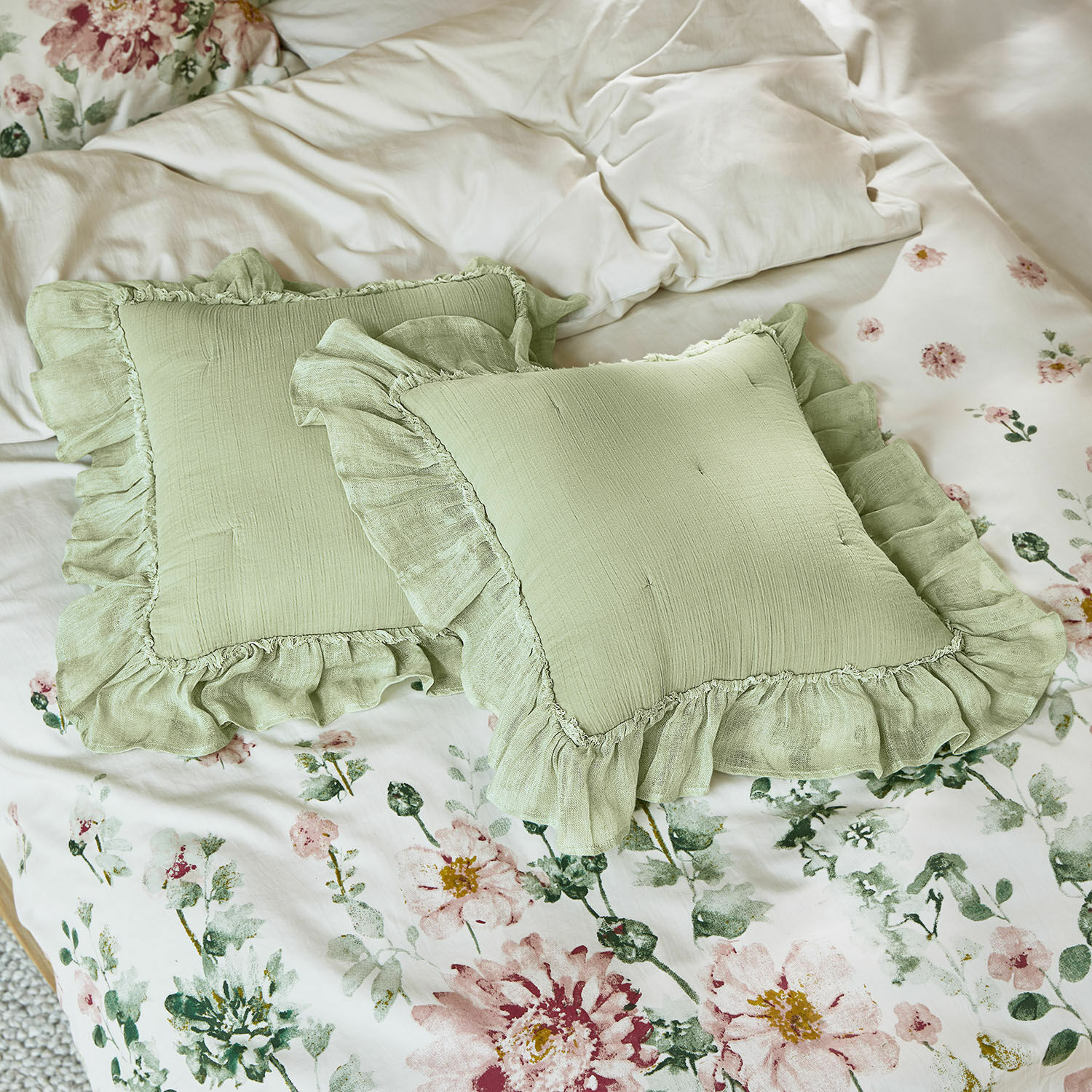 Coppia di 2 copricuscini Martone Cuscini verdi in lino con volant su biancheria da letto floreale, decorazione camera, tessuti per la casa
