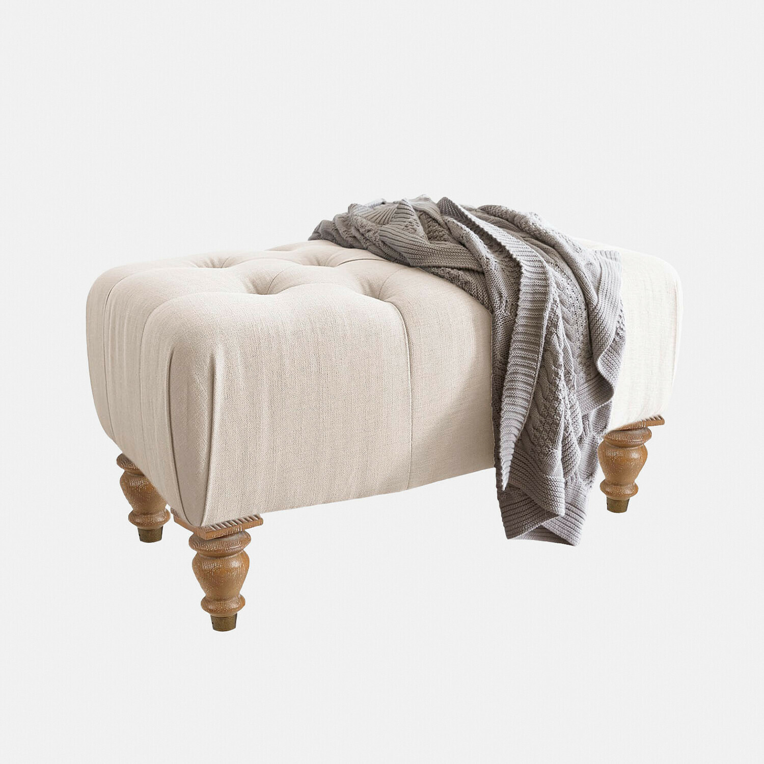 Pouf Durance Pouf beige imbottito con gambe in legno e coperta grigia in maglia per soggiorno