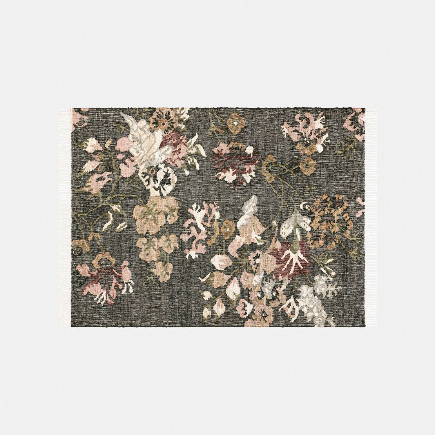 Tappeto Yasirah Tappeto in tessuto grigio scuro con motivo floreale pastello e frange decorative ai lati