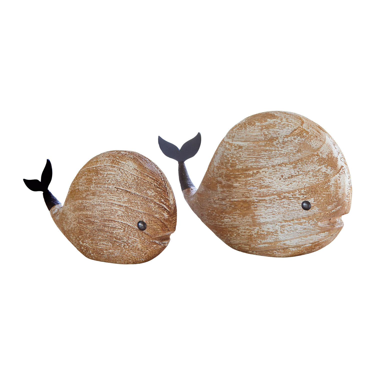 Coppia di balene decorative Brisdon Decorazioni a forma di balena in legno naturale di due dimensioni con code nere