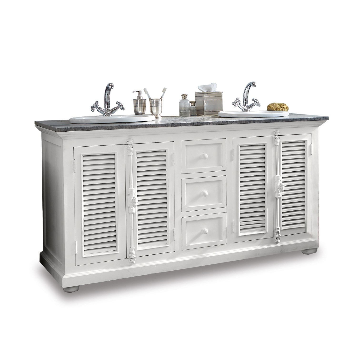 Mobile con doppio lavabo South Paris Mobile bagno bianco in legno con doppio lavabo e cassetti per accessori da bagno