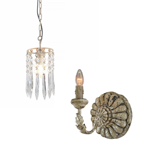 Set di lampade: lampadario con pendenti di cristallo e applique da parete retrò beige