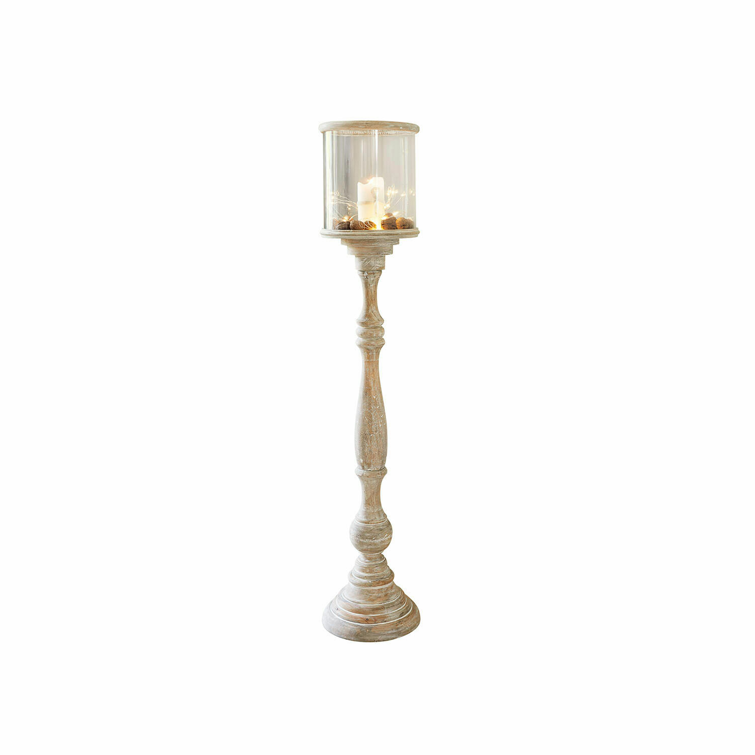 Candelabro Passion Portacandele in legno con paralume trasparente e noci decorative in colore naturale