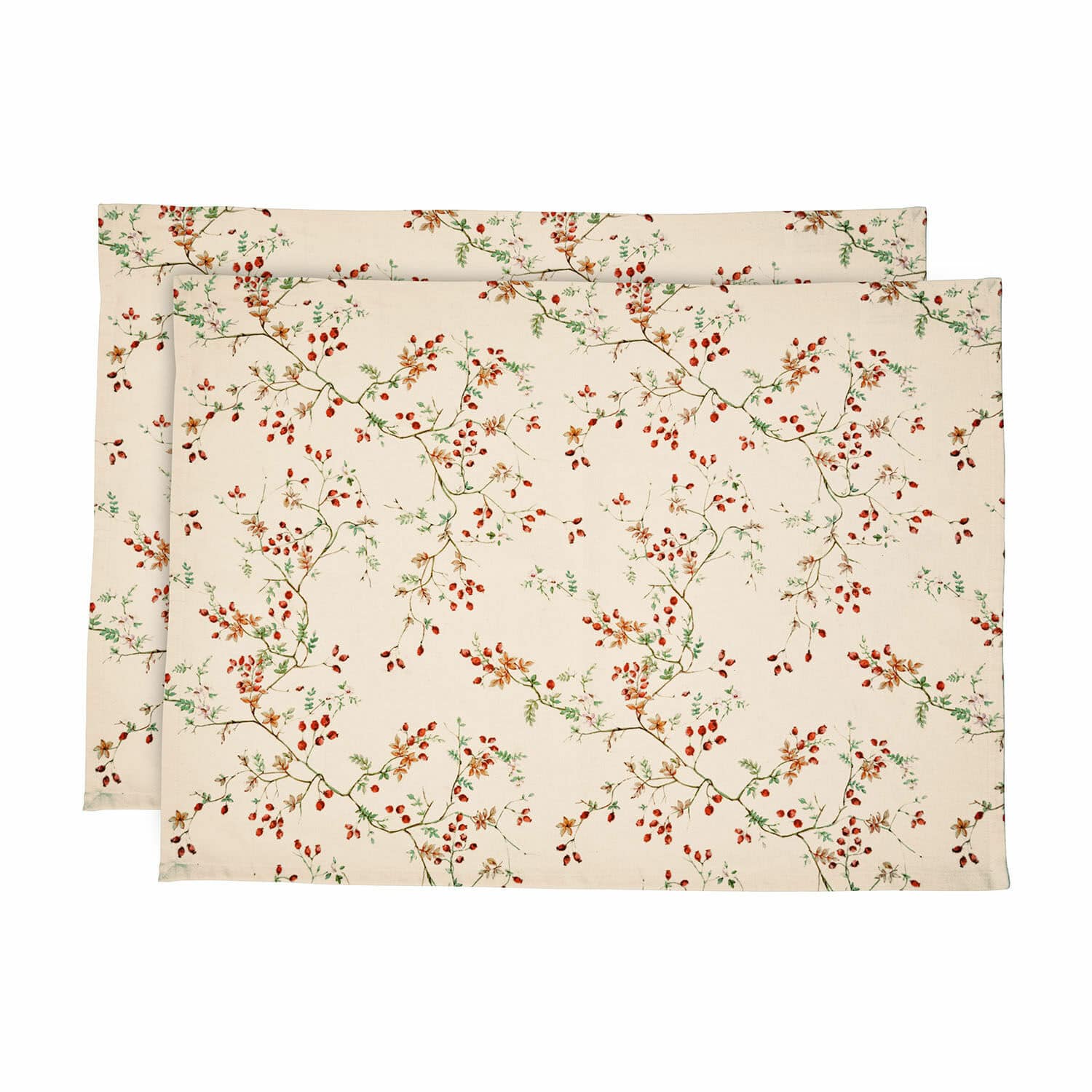 Coppia di canovacci Mauriac Set di due tovagliette in cotone color crema con motivo di bacche rosse e rami verdi per la tavola