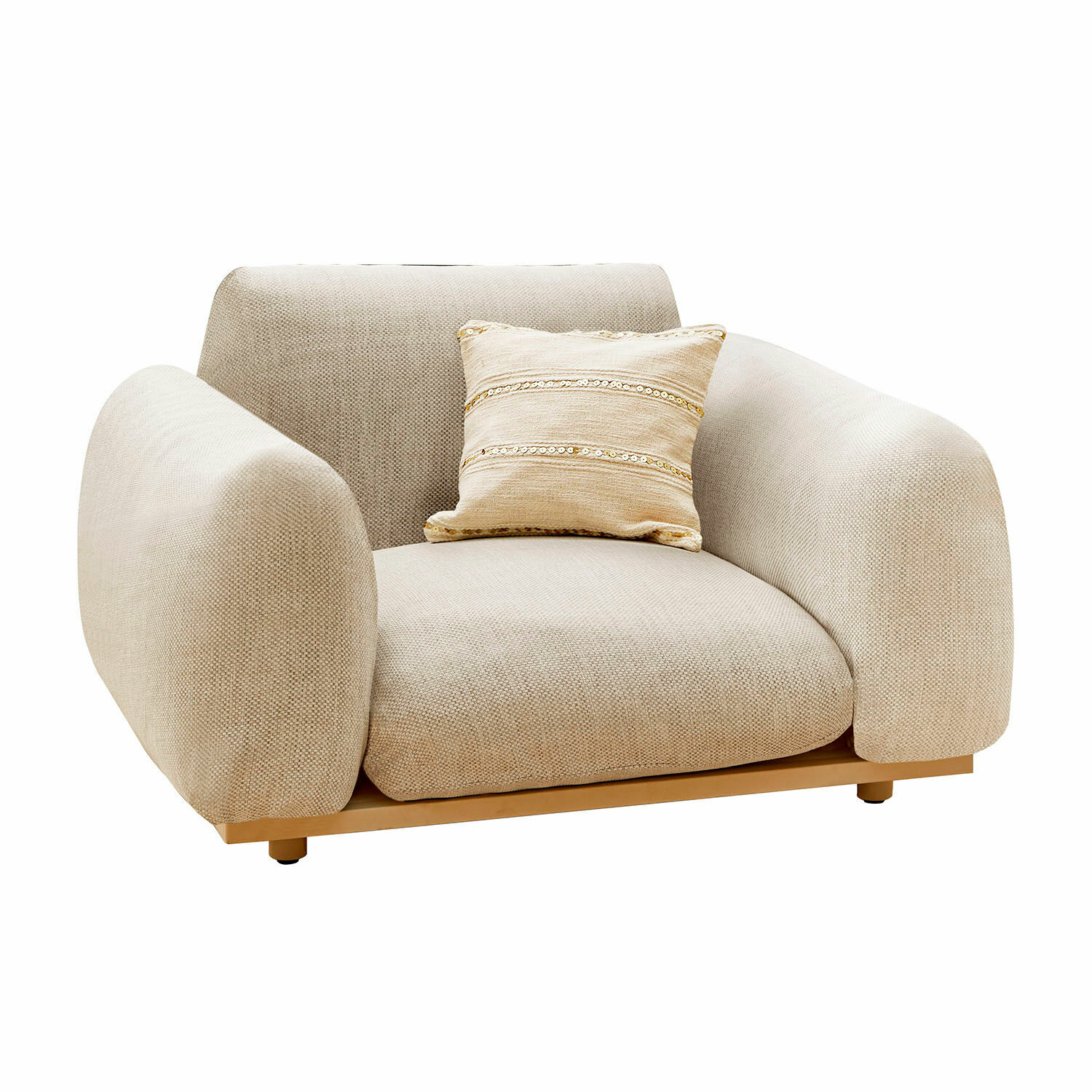 Poltrona Savinard Poltrona beige in tessuto morbido con cuscino decorativo su base in legno per soggiorno
