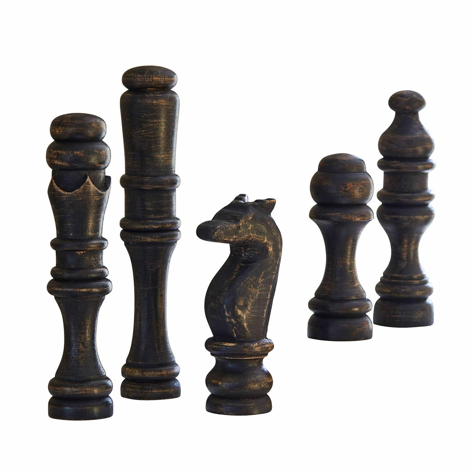 Set di 5 oggetti decorativi Guillemineau Set di cinque grandi pezzi degli scacchi in legno nero con finitura antica, decorazione elegante