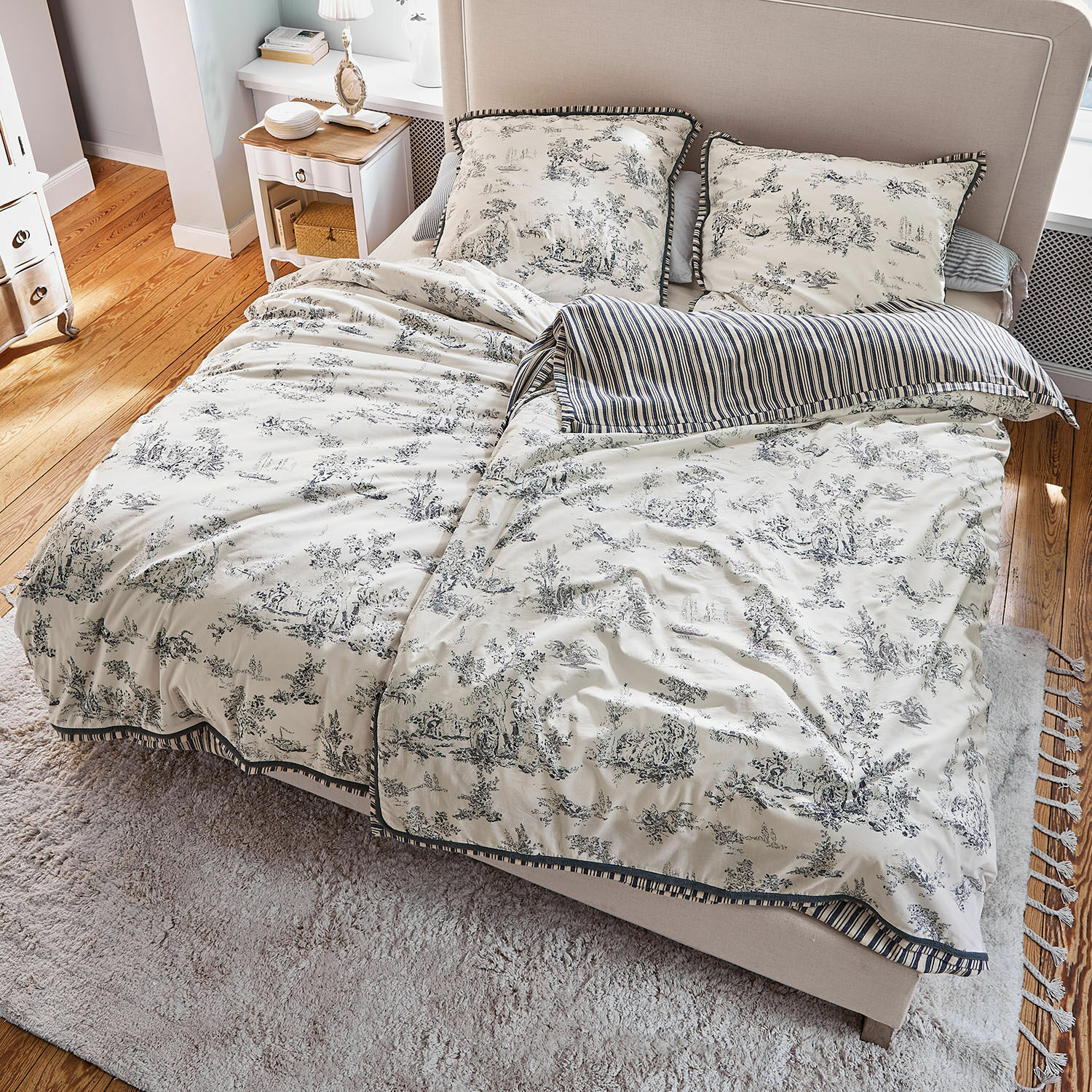Biancheria da letto Felencio Set di biancheria da letto in cotone crema con motivo nero e righe, stile vintage per camera da letto