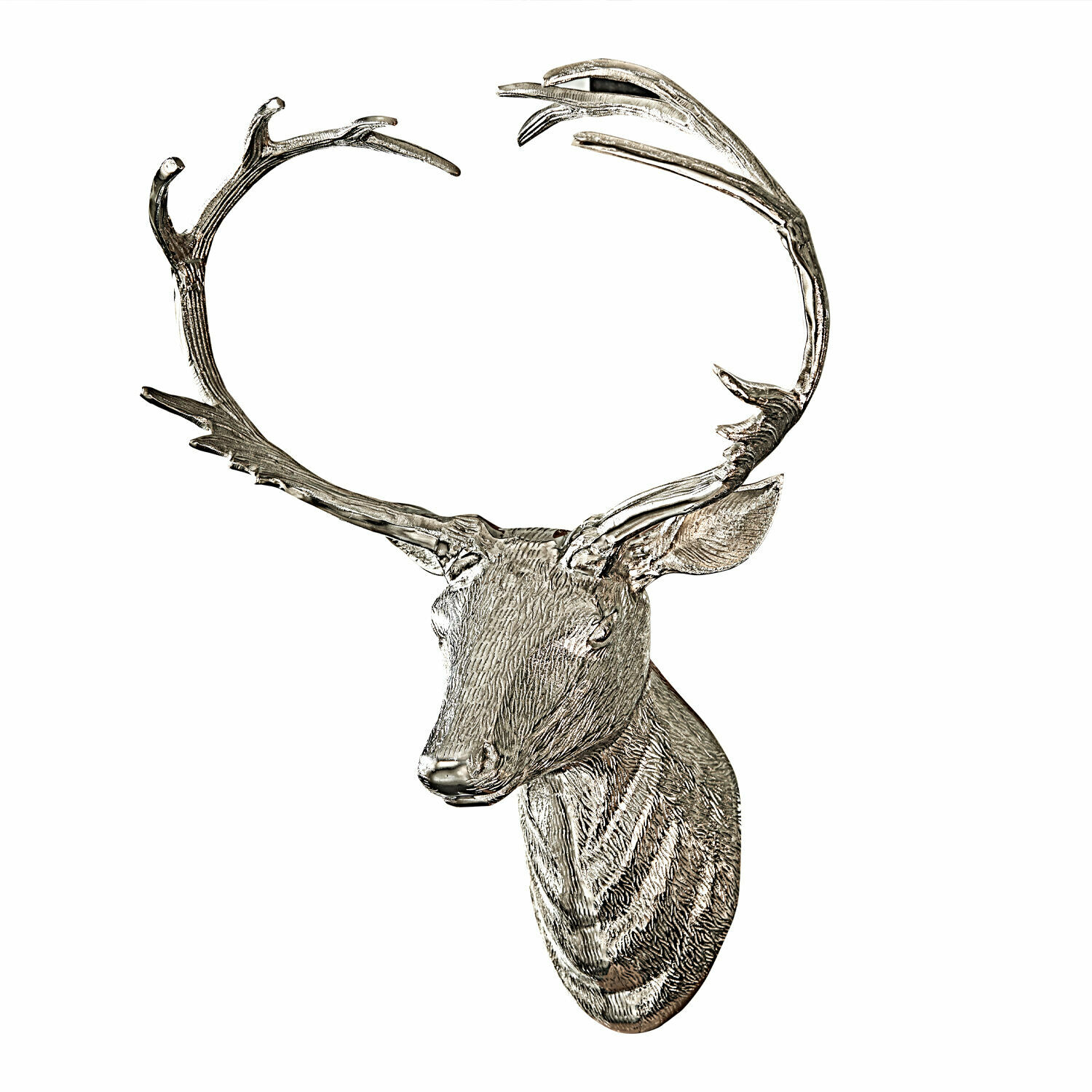 Testa di cervo decorativa Amirak Testa di cervo decorativa da parete in metallo argentato con grandi corna, ornamento per interni